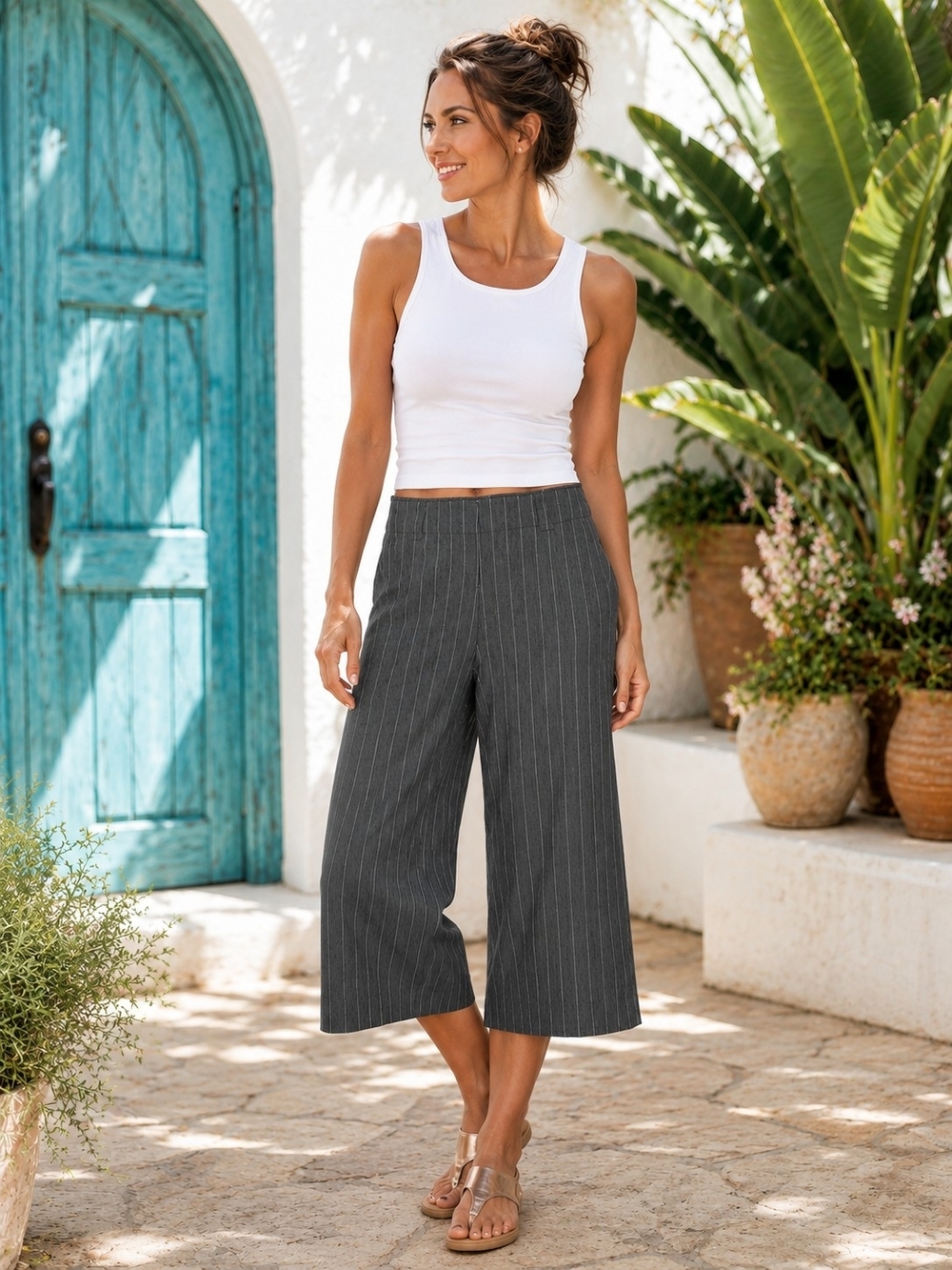 ISDA & CO Gray Pinstripe Herringbone Wide Leg Crop Pants Size 10